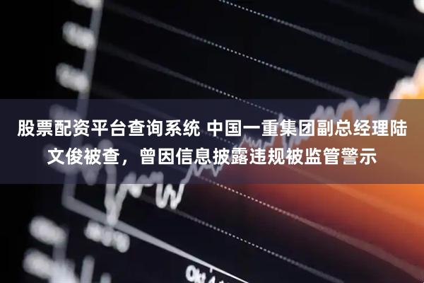 股票配资平台查询系统 中国一重集团副总经理陆文俊被查，曾因信息披露违规被监管警示